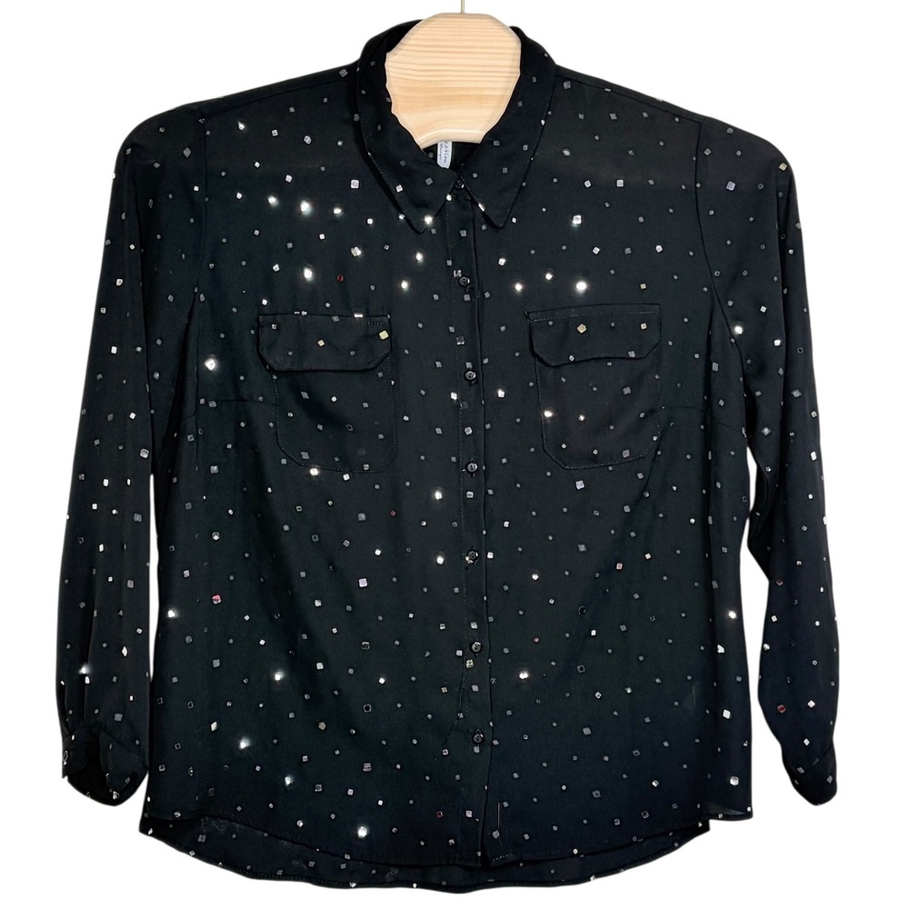 NY Collection Button Down Shirt 2X Black Sequin Embellished Long Sleeve Glittery